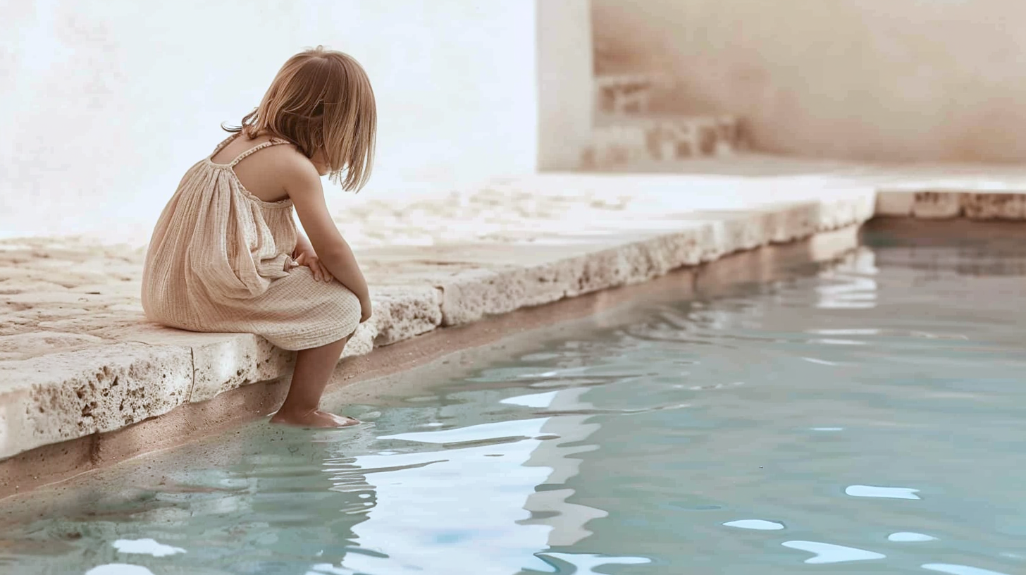 Kleines Kind sitzt am Poolrand und berührt das Wasser – typische Situation, in der Aufmerksamkeit besonders wichtig ist
