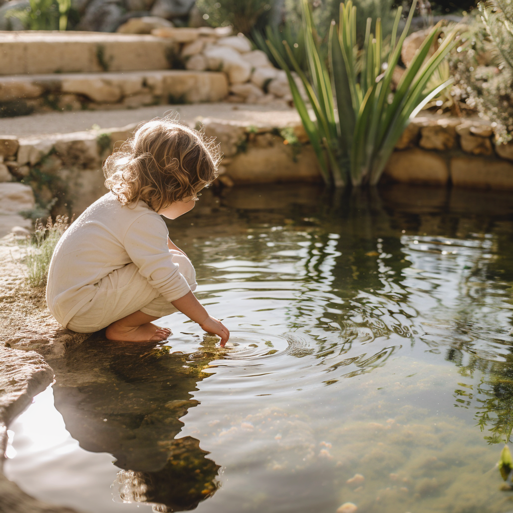 Kind spielt am Rand eines Gartenteichs und berührt das Wasser – typische Situation mit unterschätzter Gefahr durch Ertrinken in  flachen Gewässern
