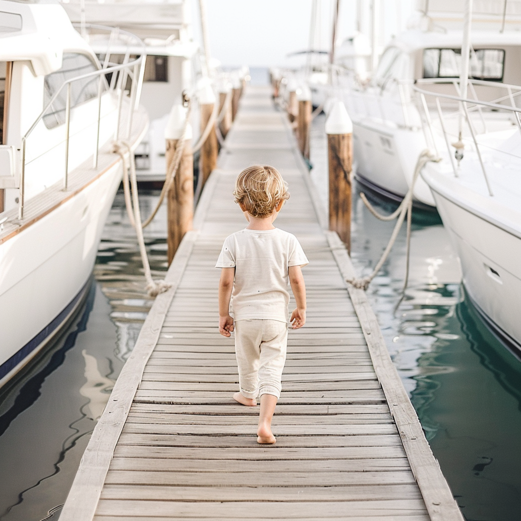 Kind läuft auf einem Steg zwischen Booten – Situation mit Nähe zum Wasser und erhöhtem Risiko - Man over board