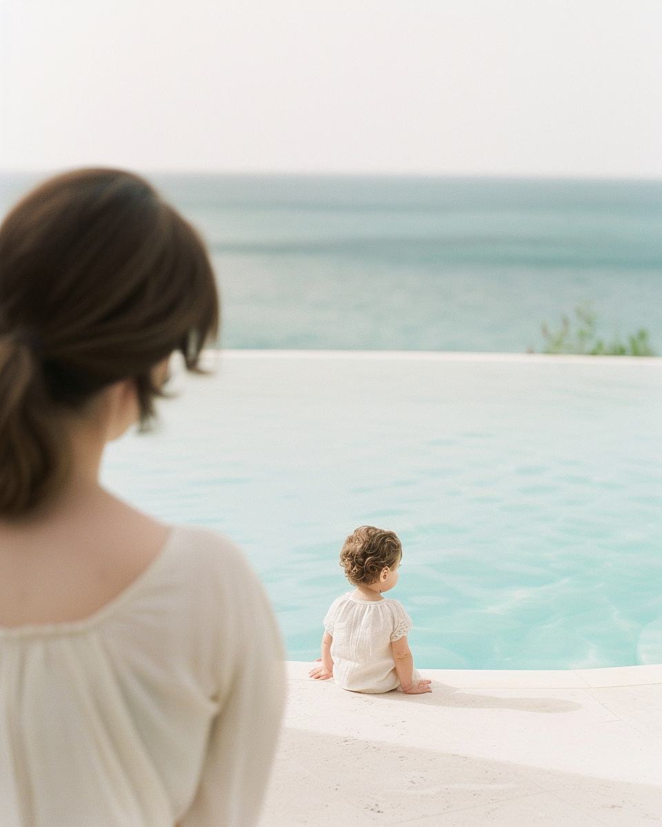Kleines Kind sitzt am Pool, während eine Mutter im Hintergrund aufpasst – typische Alltagssituation mit Wasser und geteilter Aufmerksamkeit