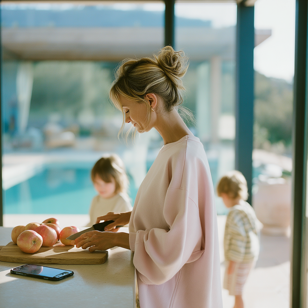 Mutter in der Küche mit Kindern im Hintergrund – Smartphone mit App in der Nähe