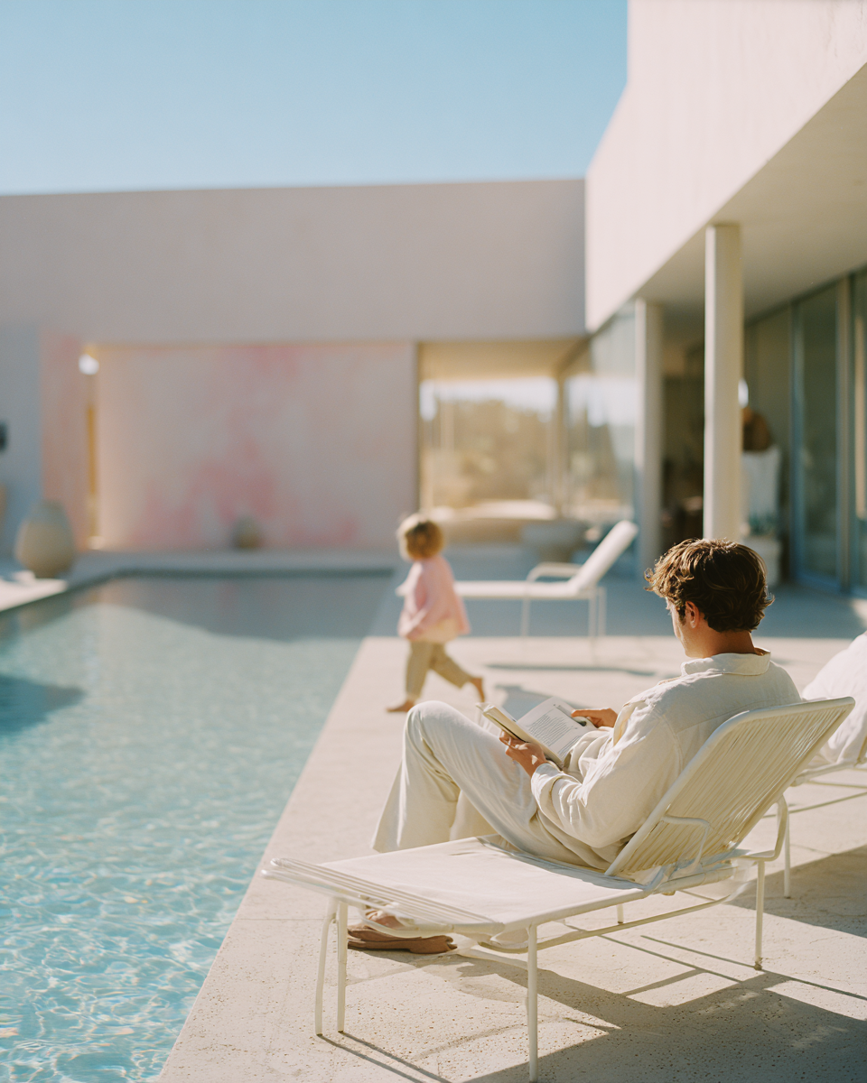 Elternteil entspannt am Pool, Kind spielt in der Nähe – Alltagssituation mit Kindern am Wasser.