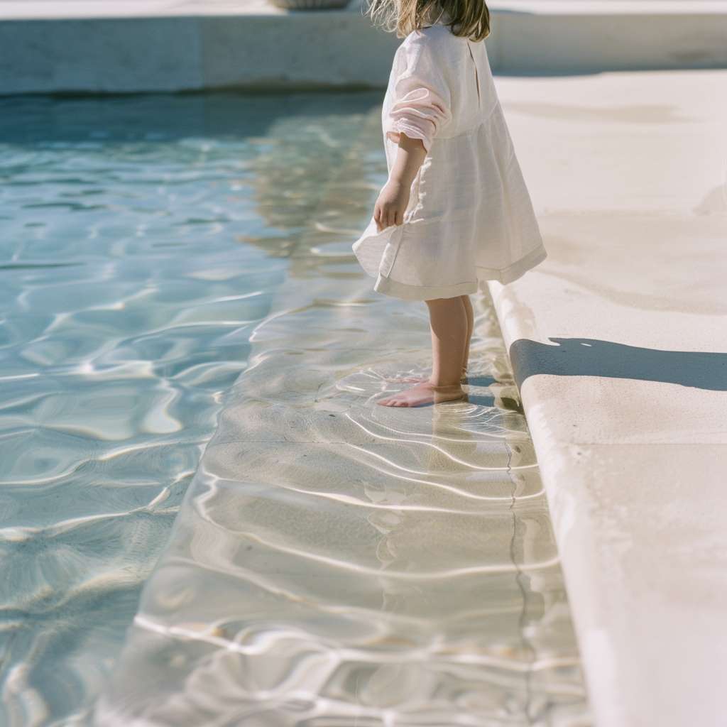 Kind steht im flachen Wasser am Poolrand – keine Gefahr durch Sicherheit am Wasser