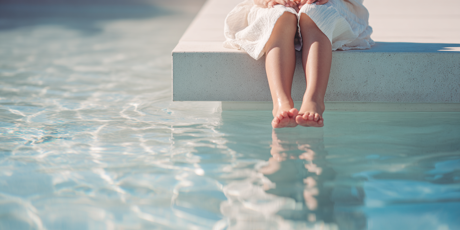 Kind sitzt am Poolrand mit Füßen im Wasser – mehr Sicherheit für Kinder am Wasser