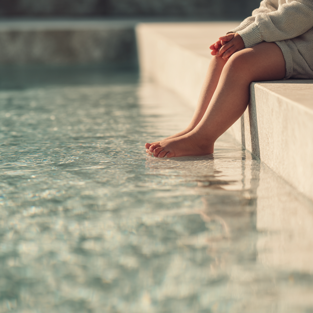 Kind sitzt am Beckenrand mit Füßen im Wasser – ruhiger Moment am Pool im Alltag.