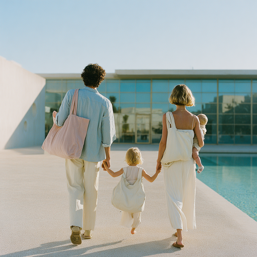 Entspanne Eltern mit Kindern unterwegs am Pool – ruhiger Familienmoment im Alltag
